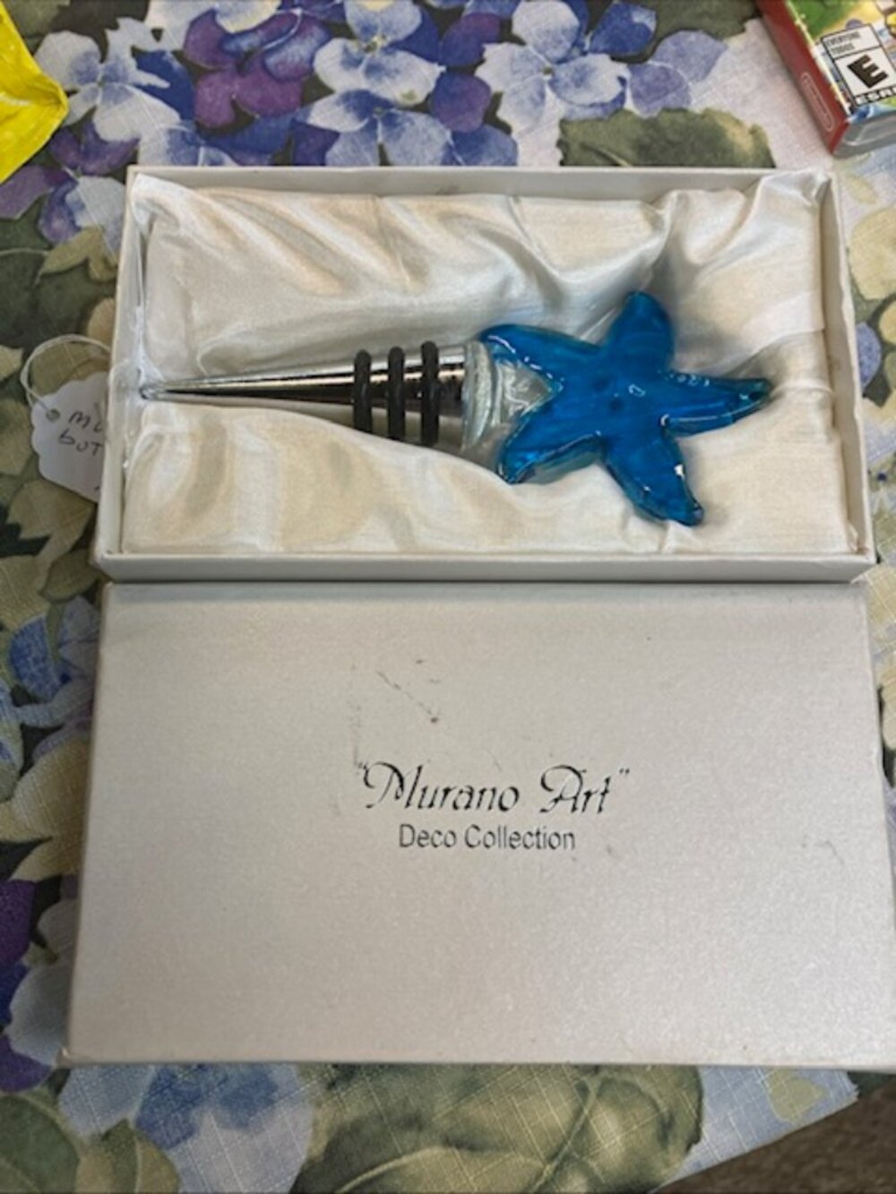 Murano Art Deco Collection Wine Bottle Stopper Blue Glass Sea Star NIB